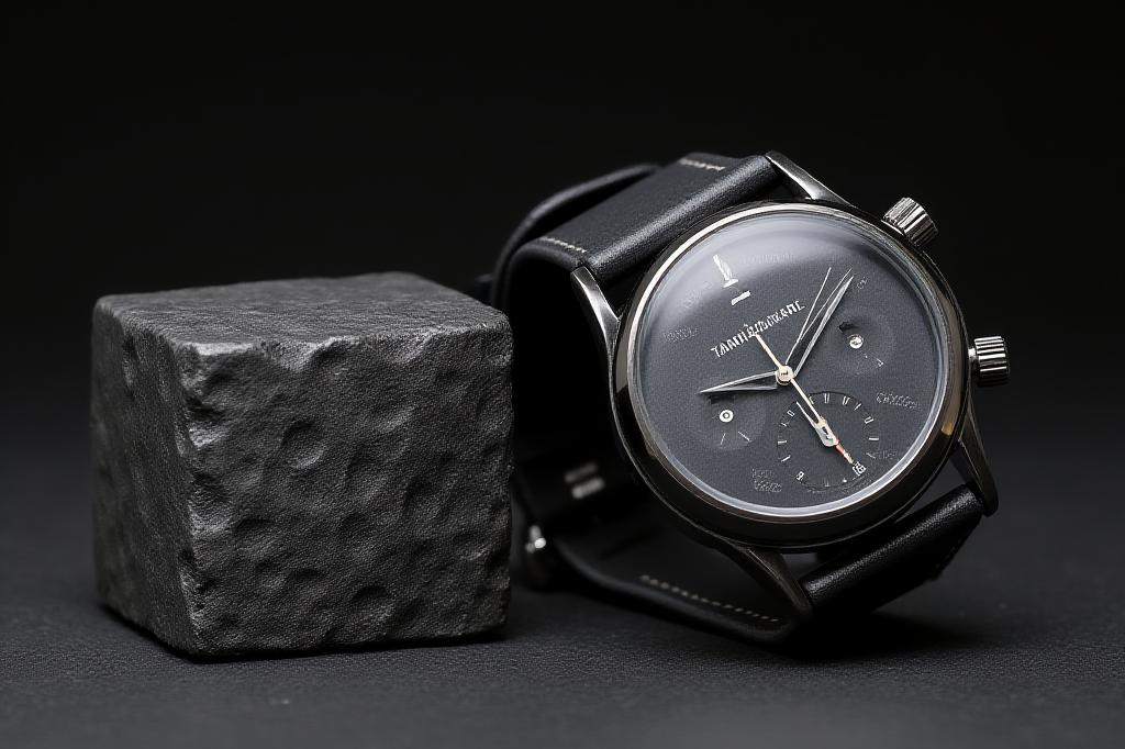 玉鋼の塊とそれに加工された時計ケースのクローズアップ